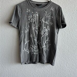 Lucky Brand Gray Floral Embroidered Top